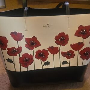 Kate Spade Black and White Tote with Red Floral Design